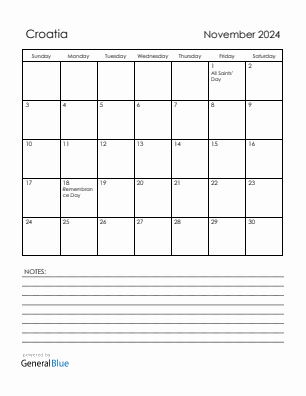 Current month calendar with Croatia holidays for November 2024