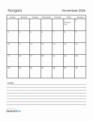 Current month calendar with Hungary holidays for November 2024