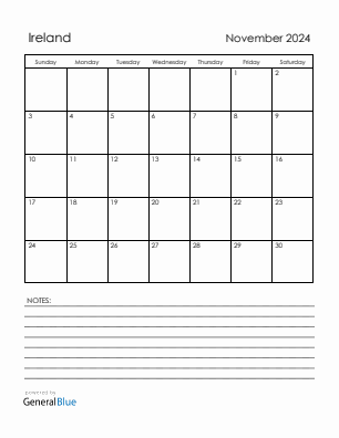 Current month calendar with Ireland holidays for November 2024