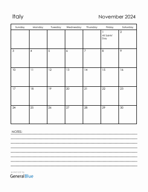 Current month calendar with Italy holidays for November 2024
