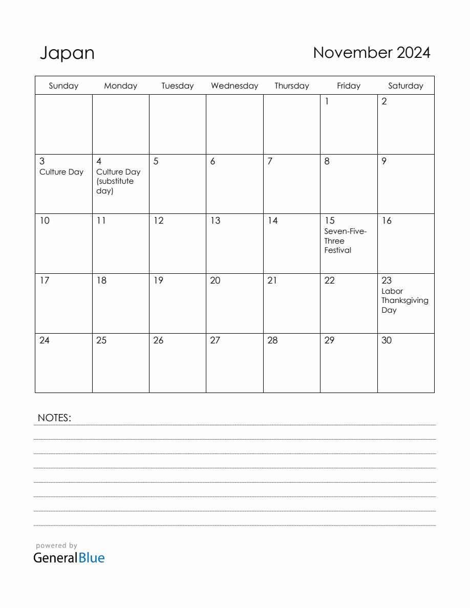 November 2024 Japan Calendar with Holidays