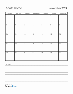 Current month calendar with South Korea holidays for November 2024