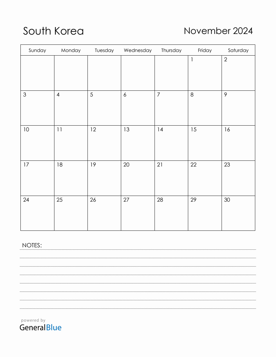 November 2024 South Korea Calendar with Holidays