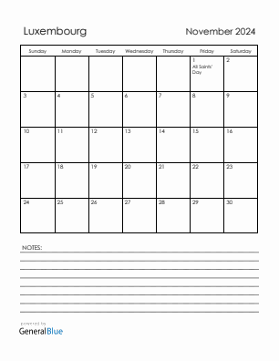 Current month calendar with Luxembourg holidays for November 2024