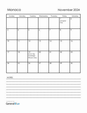 Current month calendar with Monaco holidays for November 2024