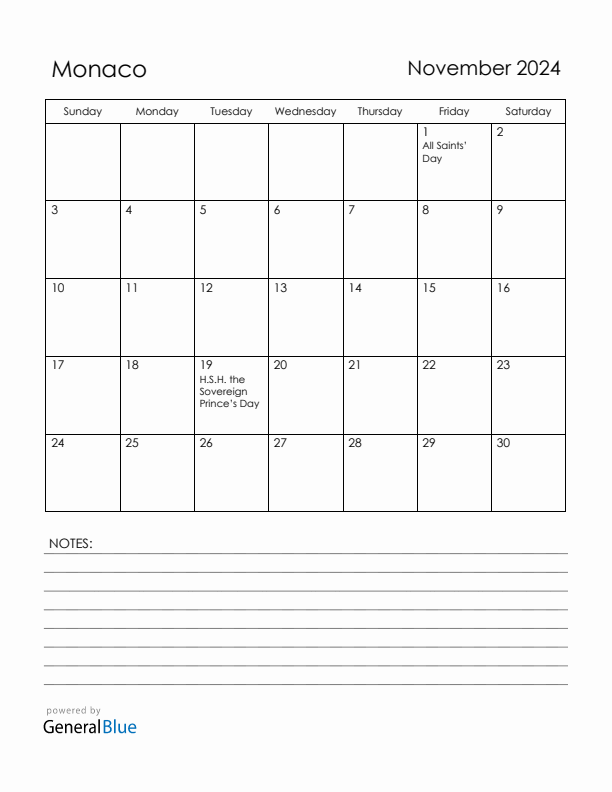 November 2024 Monaco Calendar with Holidays (Sunday Start)