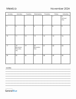 Current month calendar with Mexico holidays for November 2024