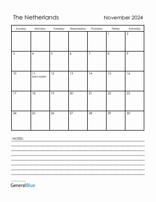 Current month calendar with The Netherlands holidays for November 2024