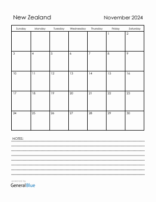 Current month calendar with New Zealand holidays for November 2024