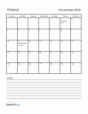 Current month calendar with Poland holidays for November 2024