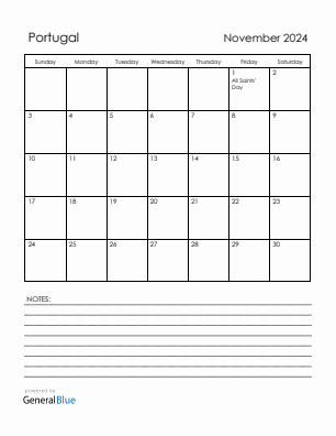 Current month calendar with Portugal holidays for November 2024