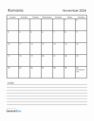 Current month calendar with Romania holidays for November 2024