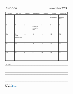 Current month calendar with Sweden holidays for November 2024