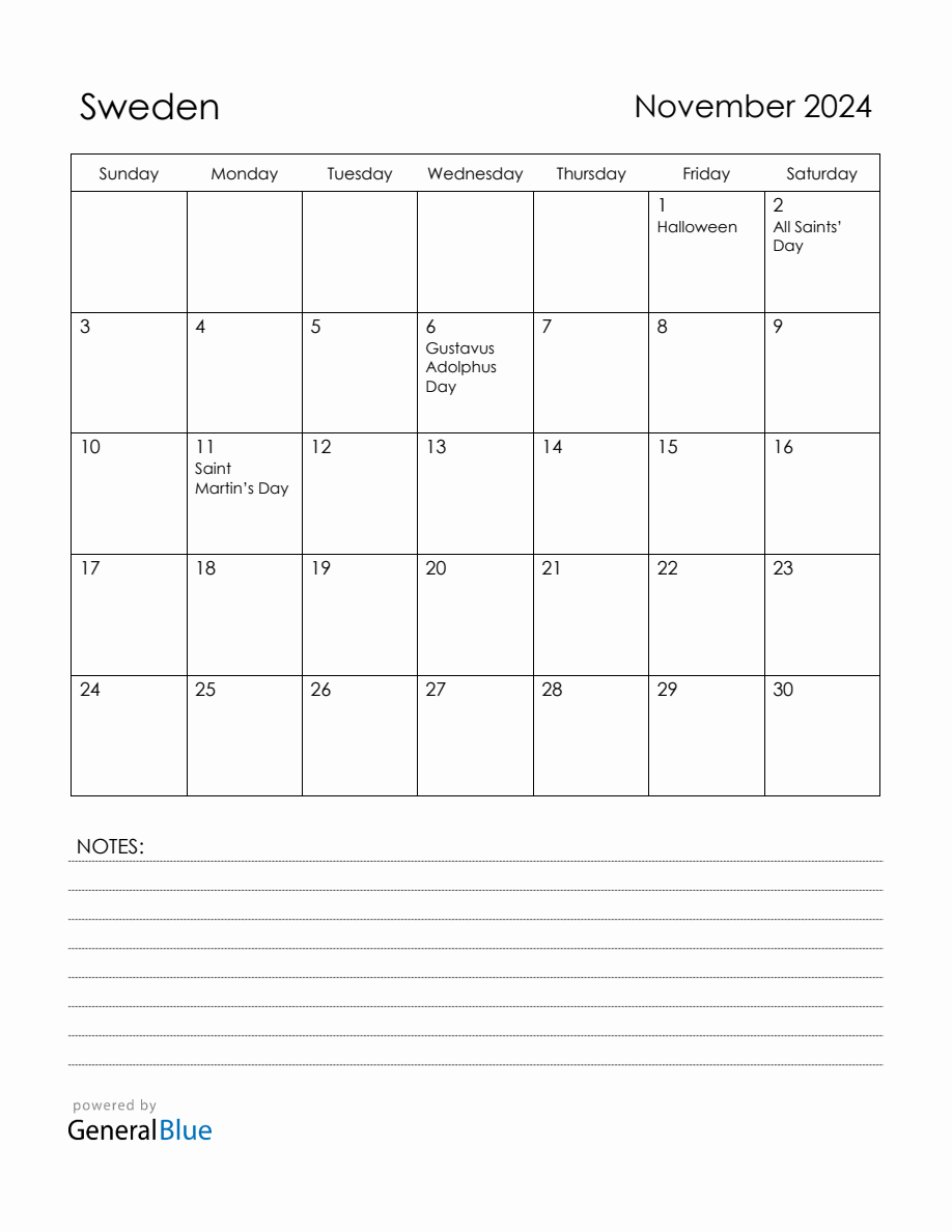 November 2024 Sweden Calendar with Holidays
