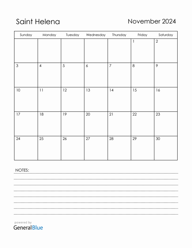 November 2024 Saint Helena Calendar with Holidays (Sunday Start)