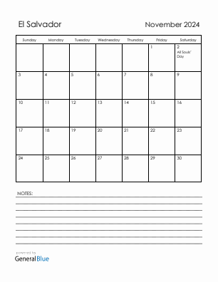 Current month calendar with El Salvador holidays for November 2024