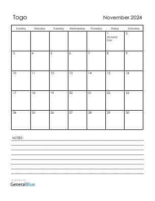Current month calendar with Togo holidays for November 2024