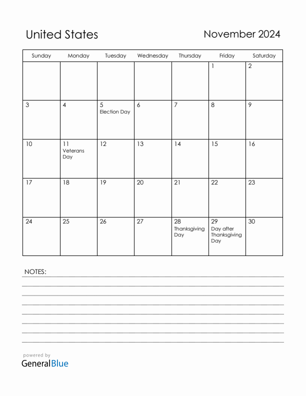 November 2024 United States Calendar with Holidays (Sunday Start)
