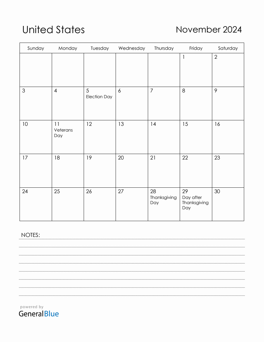 November 2024 United States Calendar with Holidays