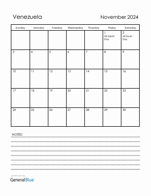 Current month calendar with Venezuela holidays for November 2024