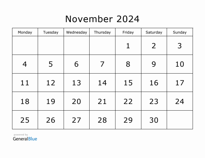 Printable November 2024 Calendar - Monday Start