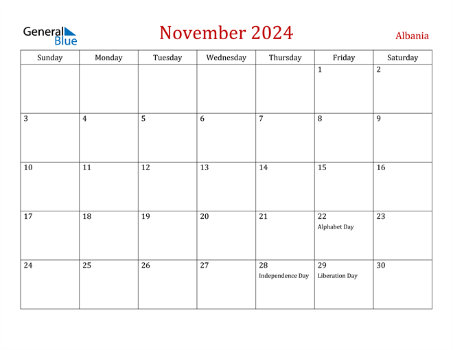 Albania November 2024 Calendar