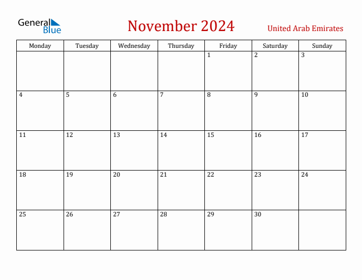United Arab Emirates November 2024 Calendar - Monday Start