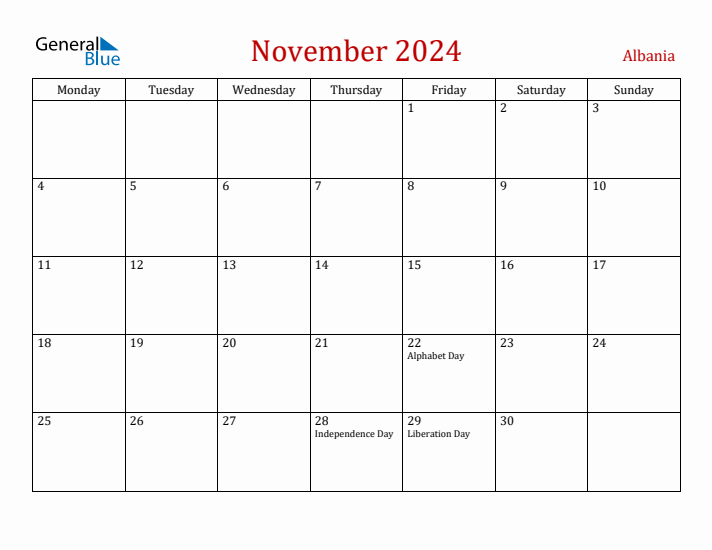 Albania November 2024 Calendar - Monday Start