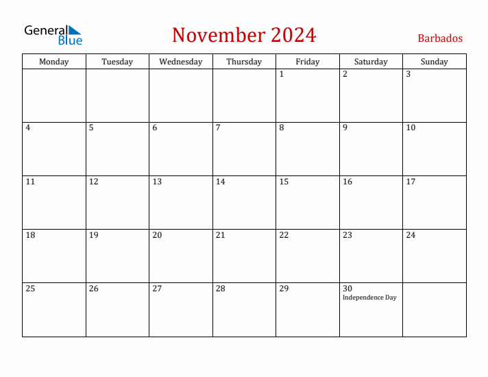 Barbados November 2024 Calendar - Monday Start