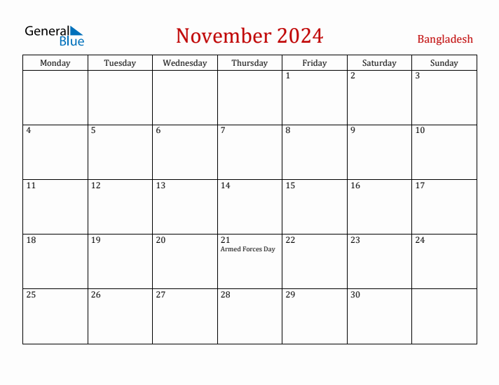Bangladesh November 2024 Calendar - Monday Start