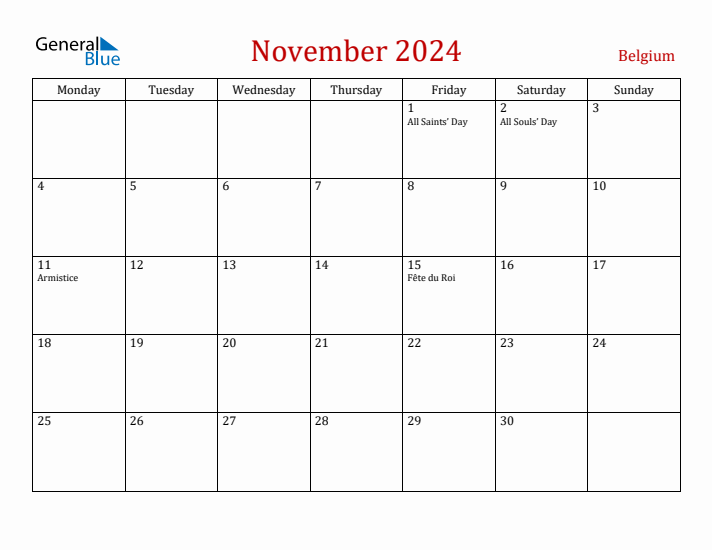 Belgium November 2024 Calendar - Monday Start