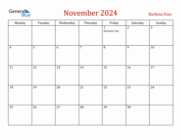 November 2024 Burkina Faso Monthly Calendar with Holidays