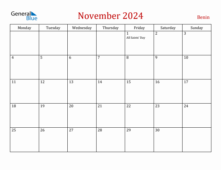 Benin November 2024 Calendar - Monday Start