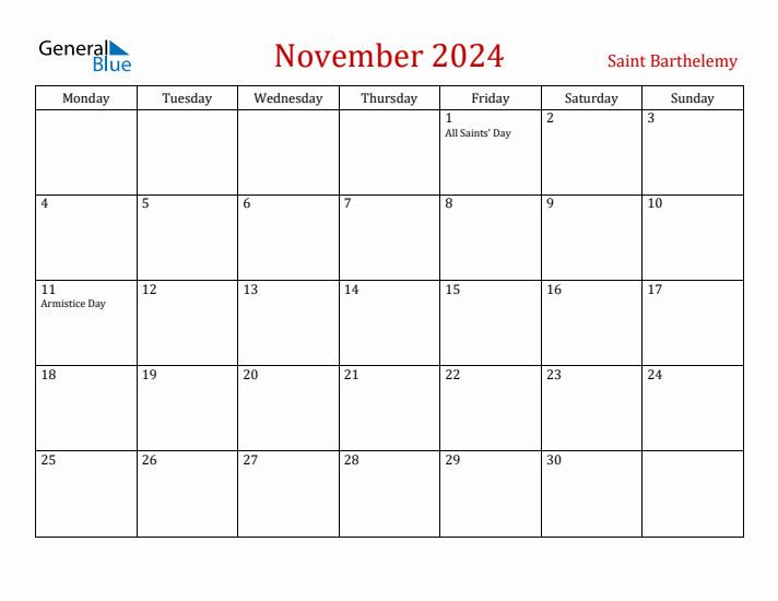 Saint Barthelemy November 2024 Calendar - Monday Start