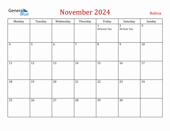 Bolivia November 2024 Calendar - Monday Start