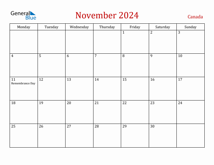 November 2024 Canada Monthly Calendar with Holidays