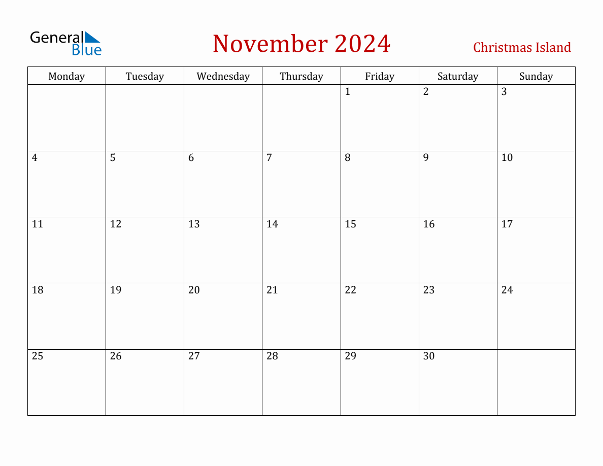 November 2024 Christmas Island Monthly Calendar with Holidays