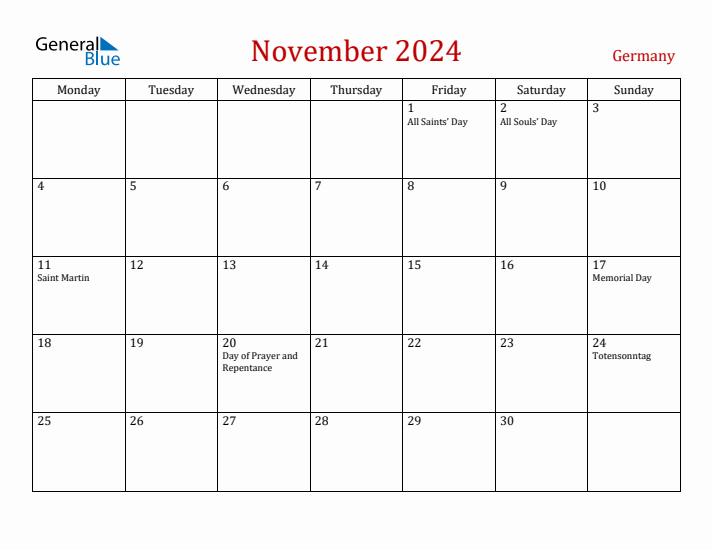 Germany November 2024 Calendar - Monday Start