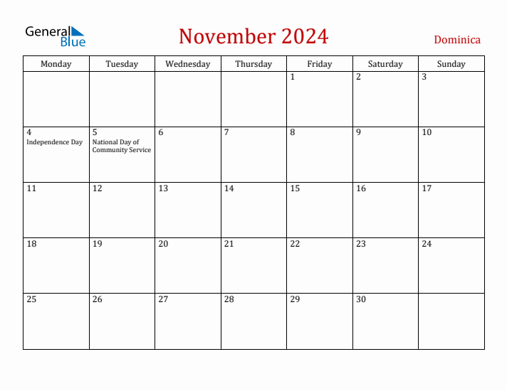 Dominica November 2024 Calendar - Monday Start