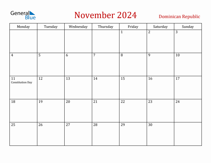 Dominican Republic November 2024 Calendar - Monday Start