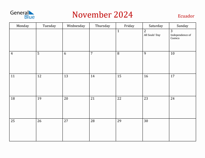 Ecuador November 2024 Calendar - Monday Start
