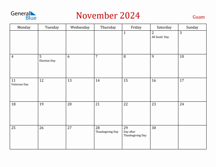 Guam November 2024 Calendar - Monday Start