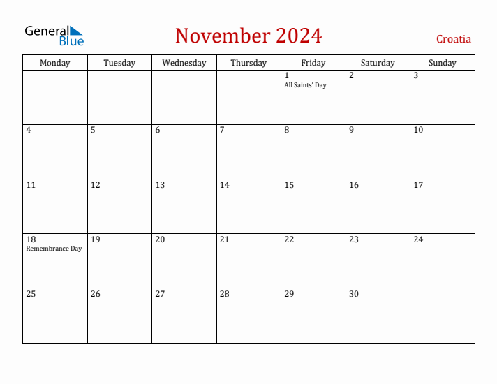 Croatia November 2024 Calendar - Monday Start