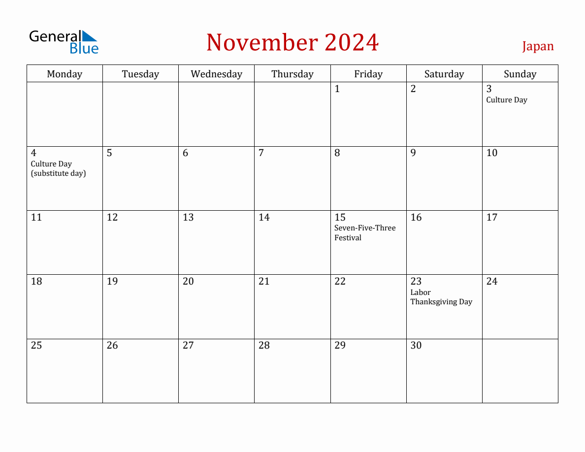 November 2024 Japan Monthly Calendar with Holidays