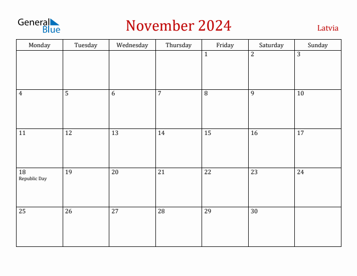Latvia November 2024 Calendar - Monday Start