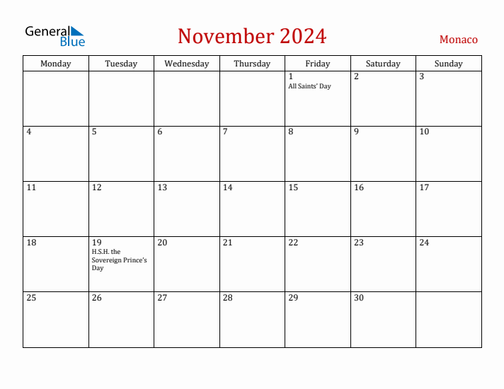 Monaco November 2024 Calendar - Monday Start