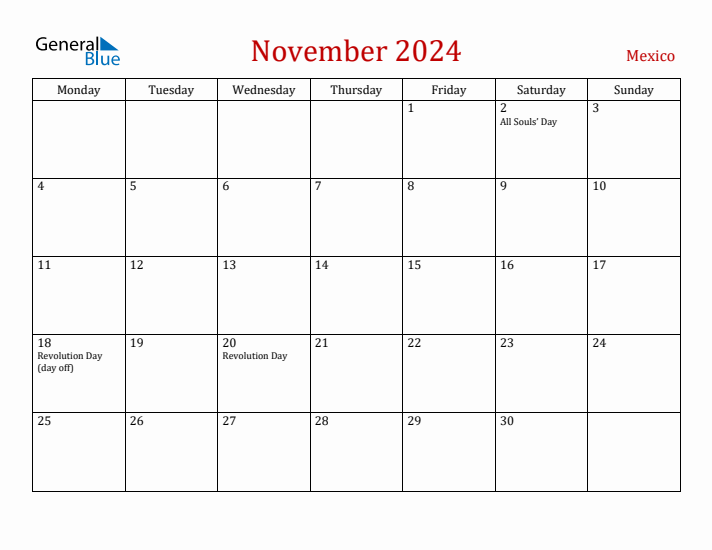 Mexico November 2024 Calendar - Monday Start