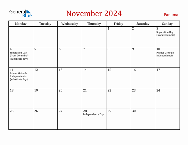 Panama November 2024 Calendar - Monday Start