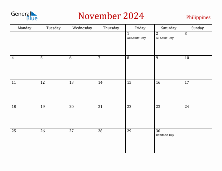 Philippines November 2024 Calendar - Monday Start