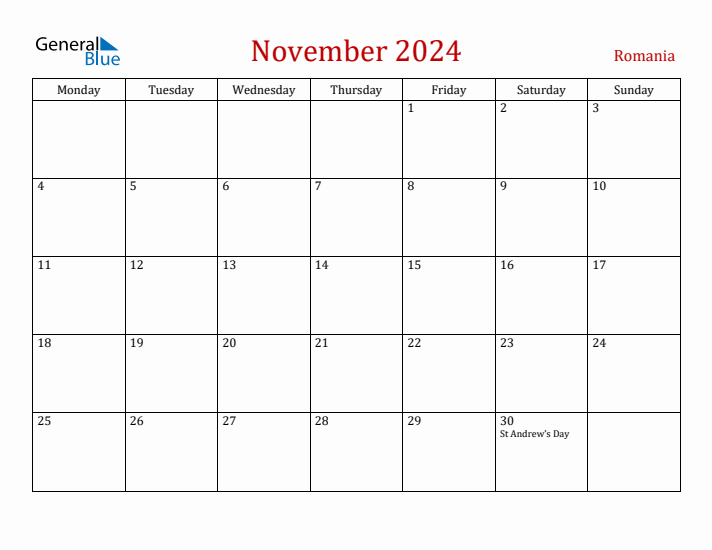 Romania November 2024 Calendar - Monday Start